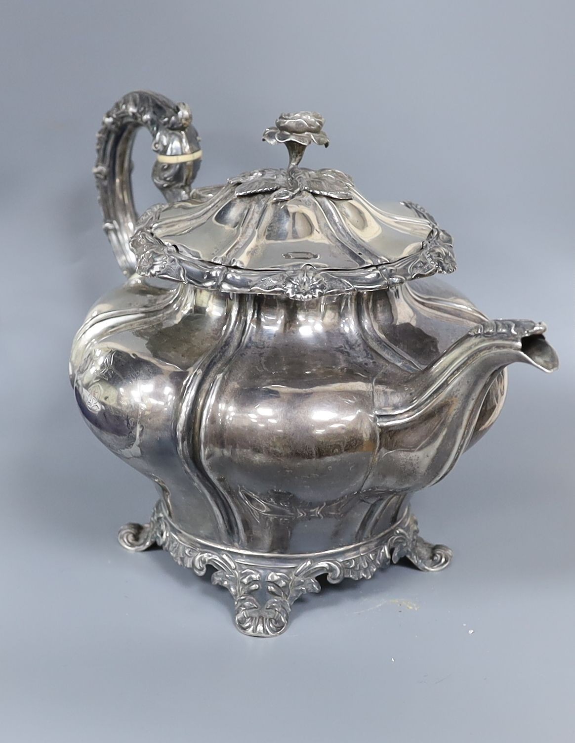 An early Victorina provincial silver pear shaped teapot, John Walton?, Newcastle, 1838, gross 25.5oz